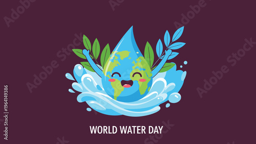 World water day illustration with happy earth shaped water drop splashing in water with green leaves for environmental awareness art.