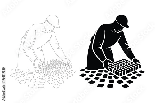 Farmer harvesting crops and man arranging small tiles, agriculture and construct