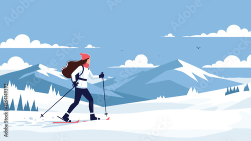 Active woman cross country skiing on snowy mountain landscape for winter vacation and sport theme and healthy outdoor holiday activity.