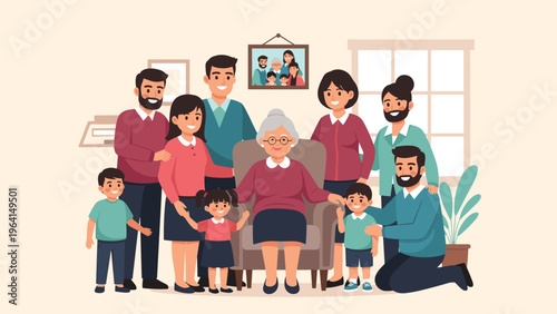Large happy family representing multiple generations gathered together in a cozy living room for a group portrait session.
