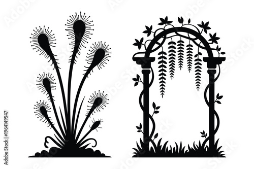 Carnivorous plant and floral arch silhouette vector art with venus flytrap