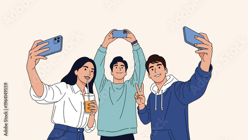 Group of cheerful young friends capturing memories by taking selfies together with their smartphones against a neutral background.