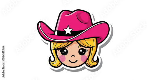 Cute cartoon girl's head with blonde hair wearing a vibrant pink cowboy hat featuring a white star, depicted in a sticker style.