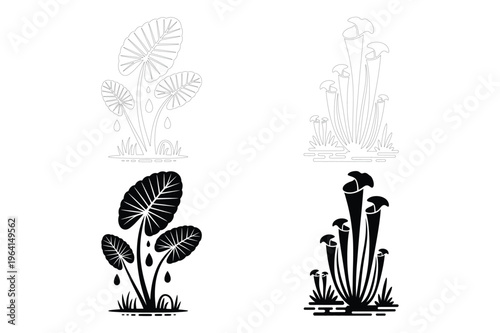 Tropical plants and carnivorous plants silhouette vector art with venus flytrap
