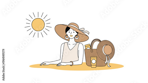 Stylish woman wearing a sun hat relaxes at the beach with a basket full of sunblock and summer essentials for skincare.