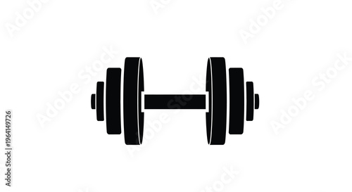 A simple black silhouette of a standard barbell with weight plates on each side centered on white high quality professional detailed