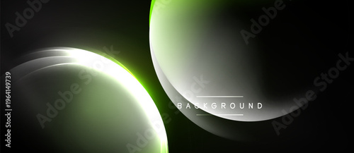 Abstract design features glowing curves, gradients. Dark background contrasts bright lime, gray elements. Modern aesthetic.