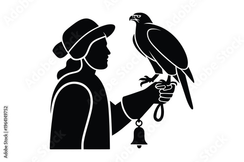 Falconry silhouette icon: handler with bird of prey with black and white