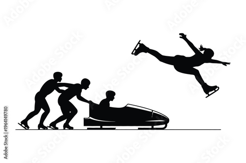 Winter sports silhouette: bobsled team pushing and figure skater
