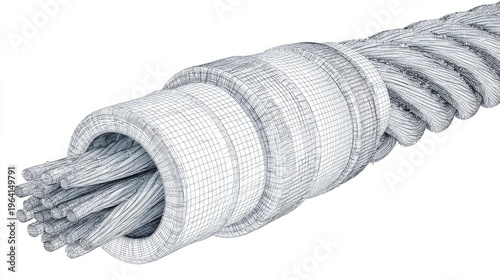 Electrical cable with exposed cleared wire in low poly wireframe mesh vector illustration, futuristic digital technology concept showing electrical wiring structure, abstract polygonal network design 