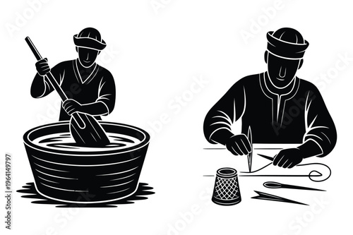 Artisan craftsman silhouette: mixing dough and sewing with black and white