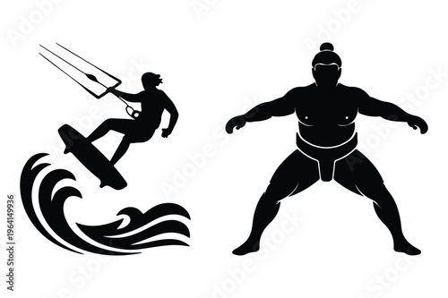 Kitesurfer and sumo wrestler silhouettes, vector, black and white