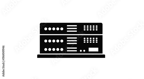 A black silhouette depicts a server rack with multiple drive bays and cooling vents high quality professional detailed modern elegant stylish