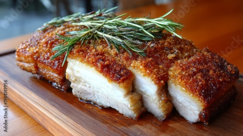 Crispy Roasted Pork Belly with Fresh Herbs on Wooden Cutting Board