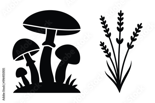 Mushroom silhouette with lavender sprig illustration with black and white