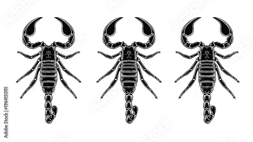 Three Identical Black Scorpions Silhouette Vector Art Isolated on White Background
