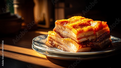 Crispy Pork Belly Stacked on a Plate with Soft Lighting and Shadows
