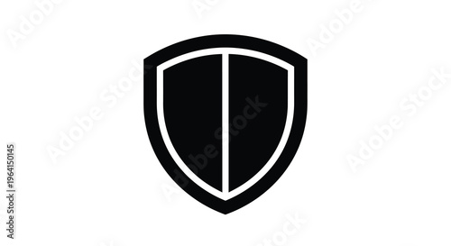 A stark black and white illustration depicts a classic shield shape vertically bisected with a bold line high quality professional detailed