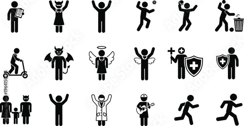 Stick figure pictogram set with angel devil sports player doctor and various people silhouettes isolated on white background for lifestyle vector illustration design
