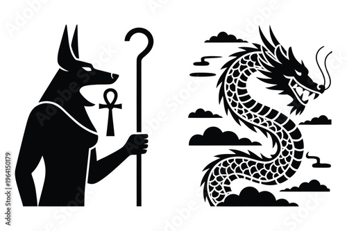 Egyptian god anubis and dragon silhouette vector art with black and white