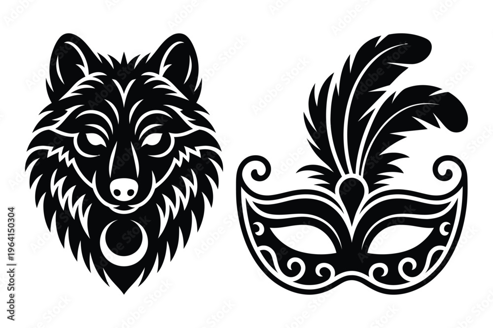 Fototapeta premium Wolf head stencil and masquerade mask silhouette vector graphic