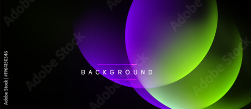 Abstract design features overlapping purple, green circles. Dark background enhances vibrant color gradients, modern aesthetic.