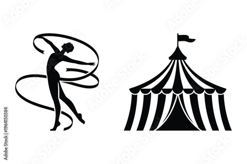 Silhouette of dancer with ribbon and circus tent vector