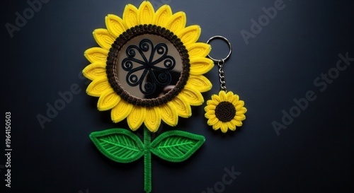 Beautiful Colorful Handmade Pipe Cleaner Flower Craft Mirror, Sunflower Craft Keychain, dark on black background