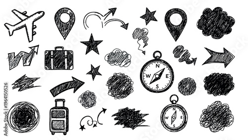 Travel icons, black and white, hand drawn, 25 elements, vector graphics