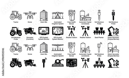 Collection of smart farming icons. Includes tractor, drone, sensor, and robot for agritech infographics, websites, and apps. Features line and glyph vector styles for modern design.