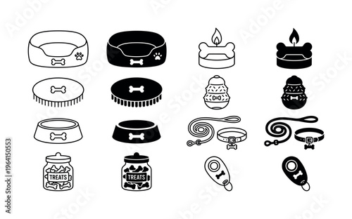 A set of dog accessories icons in line and solid glyph styles. Includes pet bed, bowl, leash, collar, toys, and treats. Vector illustration for pet store or vet clinic branding.