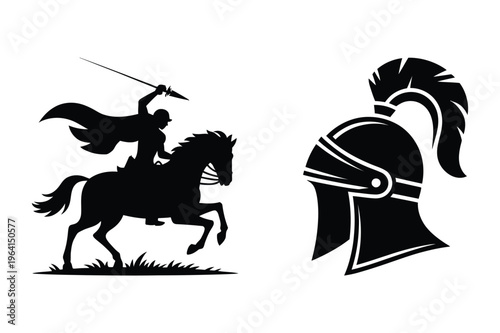 Mighty knight on horseback with spear and medieval helmet vector icons