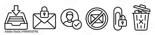 Set of minimalist line icons for email and data management. Includes inbox, security, user verification, spam, attachment, and delete symbols. Perfect for UI, web, and app design.