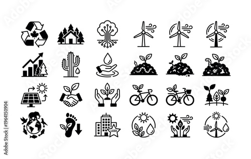 A set of black vector icons on sustainability, ecology, and green energy. Perfect for infographics, websites, and environmental projects promoting conservation and recycling.