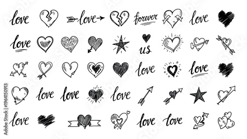 Black and white love icons, heart symbols, and typography, 30-piece vector illustration set
