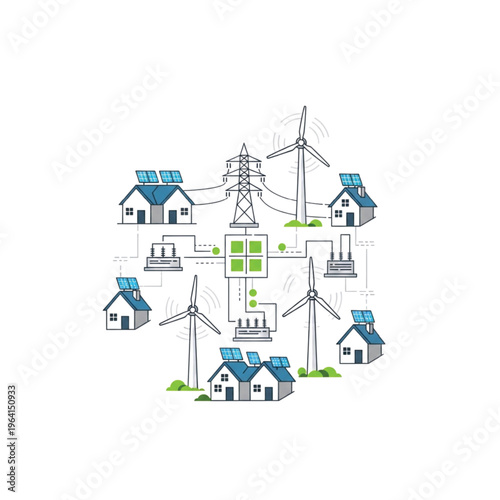 Concept of a modern smart energy grid integrating solar, wind, and residential buildings for efficient and sustainable power generation and distribution