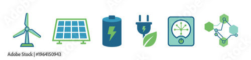 A set of renewable energy icons including wind, solar, and battery. Modern flat vector design for green technology, sustainability, and environmental concepts.