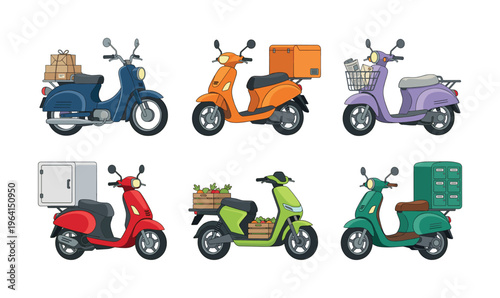 A set of colorful delivery scooters for various services. Includes food, grocery, and parcel transport. Vector illustration for logistics, e-commerce and delivery apps.