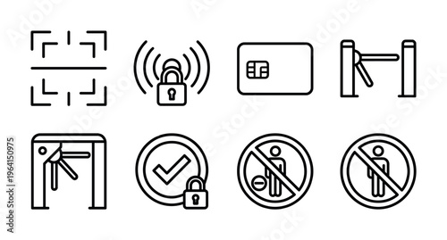 A collection of thin line icons for security and access control systems. Includes face recognition, turnstile, and ID card symbols. Ideal for web, apps, and tech concepts.
