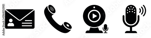 A minimalist set of black communication vector icons. Includes email, phone, webcam, and microphone symbols for web, UI design, contact, and business concepts.