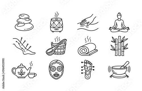A collection of spa and wellness icons. Includes massage, yoga, and aromatherapy symbols. Perfect for beauty, health, and relaxation designs. Minimalist black outline vector set.