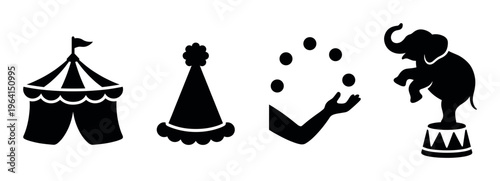 Set of black circus icons for entertainment and events. Vector silhouettes of a tent, clown hat, juggler, and elephant. Ideal for carnival, party, and funfair design projects.