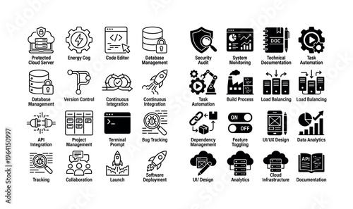 Set of vector icons for software development and DevOps. Includes programming, cloud server, security, and analytics. Perfect for websites, apps, and presentations.