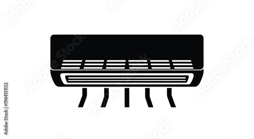 A simple black and white silhouette depicts a wall mounted split system air conditioner unit with vents high quality professional detailed