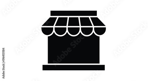 A minimalist black and white illustration depicts a storefront with a striped awning and blank sign high quality professional detailed modern