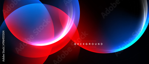 Abstract design features vibrant red, blue curves. Dark background enhances luminosity, creating dynamic visual effect. Modern, sleek presentation.