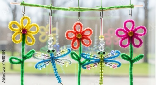 Craft flower and dragonfly string bead sculptures using pipe cleaner kit pieces, drinking straws, paper clips, etc., for cute spring themed crafts with kids.