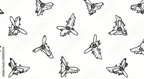 a seamless pattern of dangerous crashed propeller airplanes depicting aviation accident wreckage and broken drone fragments perfect for a destructive background or conceptual design.