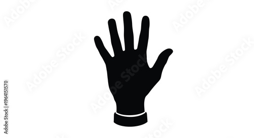 A stark black silhouette depicts an open human hand with all five fingers extended upwards signaling a stop high quality professional