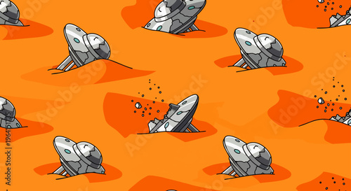 ufo spaceship crash pattern in an orange desert landscape seamlessly repeating for science fiction backgrounds and alien world concepts.